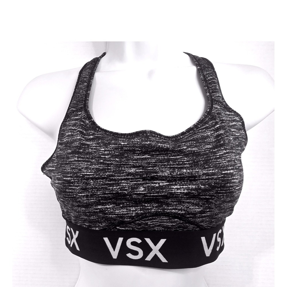 Victoria Sport VSX Racerback Sports Bra Gray Black Space Dye Logo Band Medium
